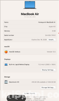 Apple Air M2 chip 15 Inch (AppleCare Exp Dec 16 2026 )
